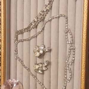 Vintage rhinestone necklace bracelet and clip on earrings